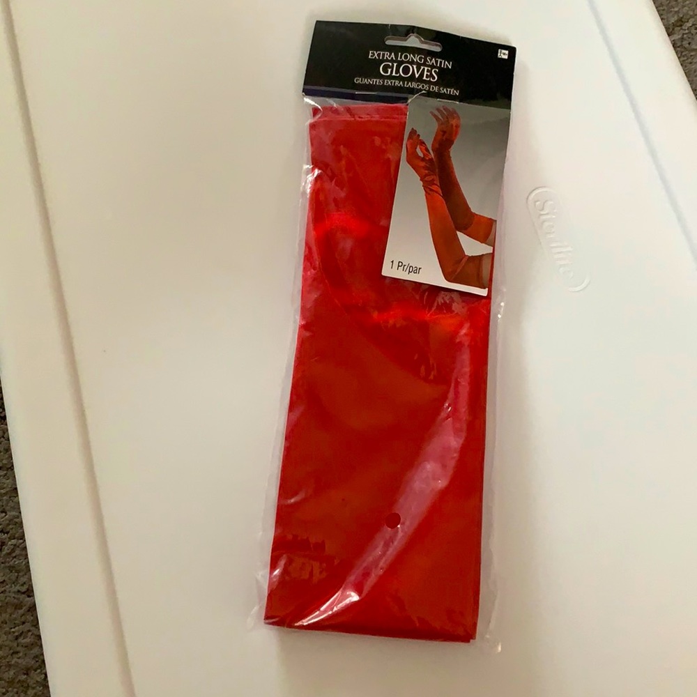 New Unused Red Extra Long Satin Gloves